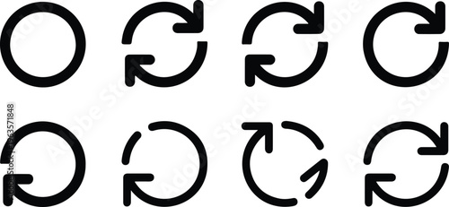 Flat line art vector of eight black circular arrows arranged in two rows creating simple clean repeating clockwise pattern design