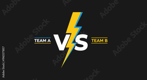 Competitive "VS" battle symbol with a yellow lightning bolt between Team A and Team B, on a dark studio background.