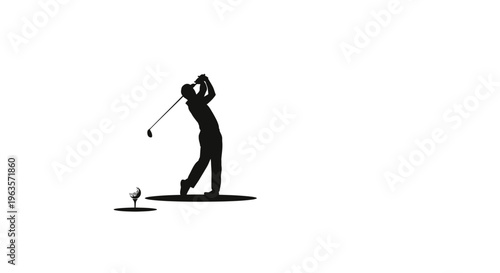 Silhouette of a male golf player swinging a golf club, with a golf ball and tee, isolated white background.