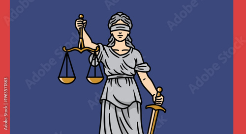 Lady Justice with scales and sword, representing law and fairness, against a dark blue and red flag background.