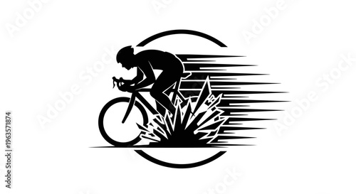 Dynamic silhouette of a male cyclist in racing gear on a bicycle with speed lines and gear mechanism, isolated white background.