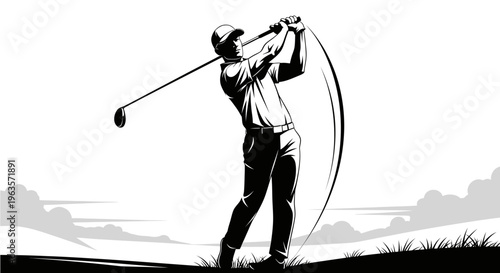 Focused Man Golfer Swinging Club on Course Silhouette Black and White Illustration