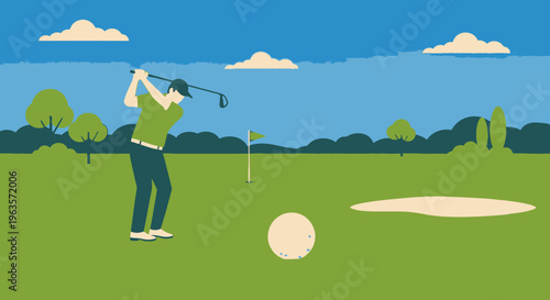 Man playing golf, swinging club on a green course with trees and blue sky.
