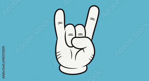 Cartoon hand showing rock and roll gesture with two fingers up on a light blue background.