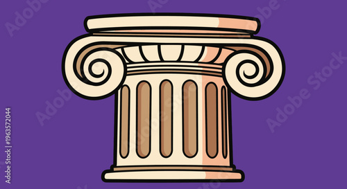Classic Ionic Column Capital Architectural Element, Ancient Greek Roman Design, Isolated Purple Background.