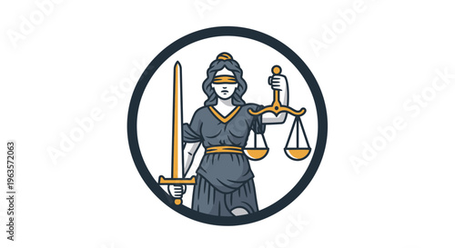 Lady Justice Holding Scales and Sword in a Circle, Symbol of Law and Fairness, Isolated White Background.