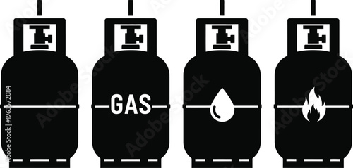Four gas canisters with distinctive labels and symbols