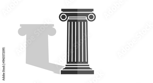 Stylized Ancient Roman or Greek Column with Cast Shadow, Representing History and Strength, Isolated White Background