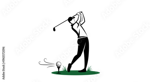 Cartoon Male Golfer Ready to Hit Golf Ball off Tee on Green Grass, Isolated White Background
