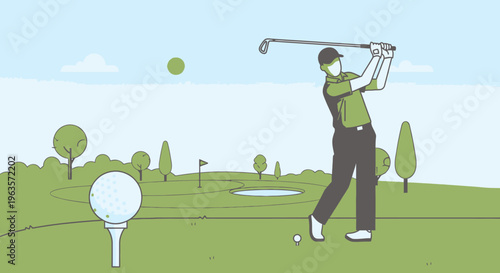 Man Playing Golf, Swinging Club on a Sunny Green Golf Course with Trees and Blue Sky