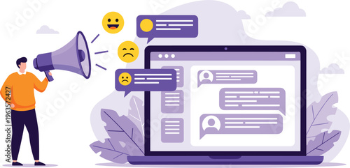 Vector illustration of a man using a megaphone to broadcast messages to a laptop with social media feedback.