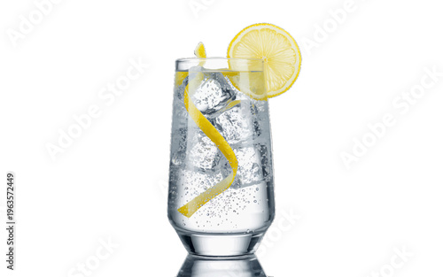 Refreshing gin and tonic cocktail with ice, lemon slice, and zest garnish in a tall glass, tonic water, club soda, food and drink, white background