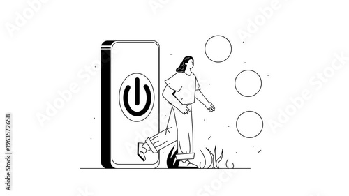 Animated digital detox concept with woman beside smartphone power icon