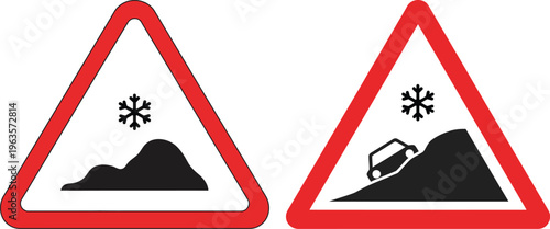 Slippery Icy Road Warning Sign Set with Snowflake and Car Skidding Silhouette for Winter Safety