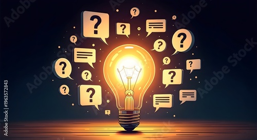 Illuminated light bulb with question marks and speech bubbles