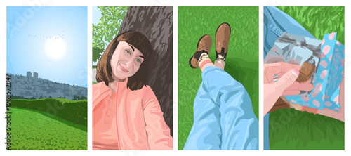 Set of 4 vertical illustrations with pleasant moments, storytelling lifestyle: urban landscape; selfie of pretty young woman; legs in blue jeans and boots laying on green grass; chocolate in hand.