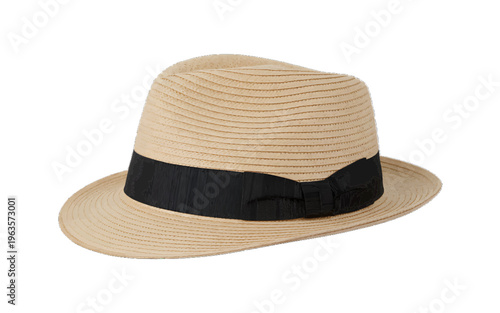 Stylish straw fedora hat with black grosgrain ribbon, summer sun protection hat for outdoor wear, isolated, white background, cut out