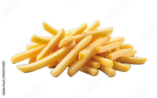 Crispy golden french fries pile, isolated on white background, classic fast food snack, potato fries, side dish, junk food, party food, comfort food, deep fried, french chip, cut potato