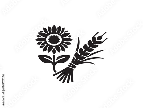 Rustic sunflower and wheat boutique label silhouette with harvest charm