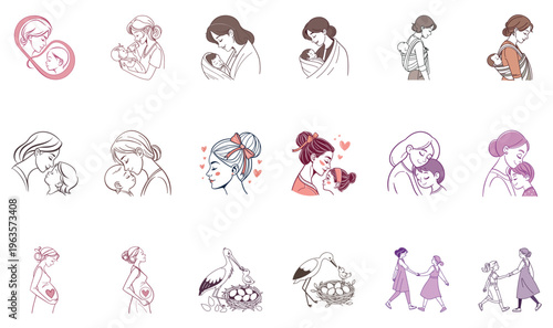 Mother's day celebration motherhood and pregnancy Line Art Illustrations Set