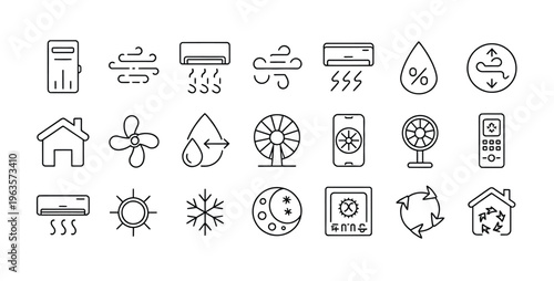 Collection of 20 line icons related to weather, temperature, air conditioning, and energy efficiency