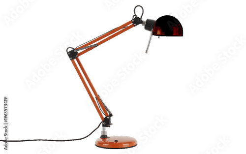 Vintage style articulating desk lamp with orange wood accents and black metal base, isolated on white background, reading lamp, table lamp, office lamp, study lamp, architect lamp, task lamp, cut out