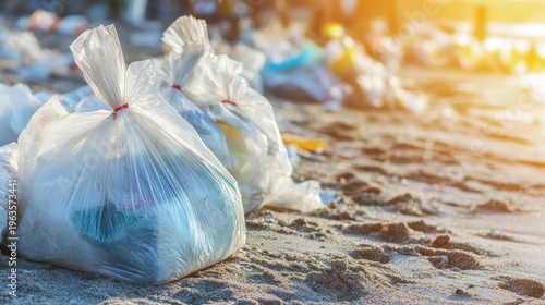Bags of plastic litter accumulated on a sandy beach after a storm under bright sunlight