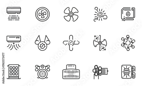Collection of air conditioning and ventilation system icons, line style, various elements.