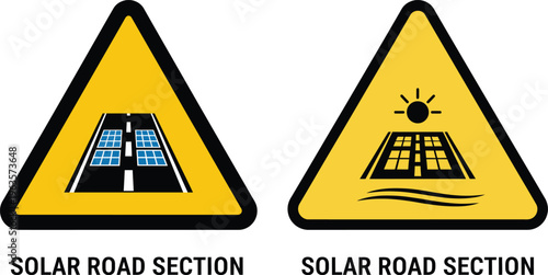 Solar road signs indicating integrated photovoltaic road sections