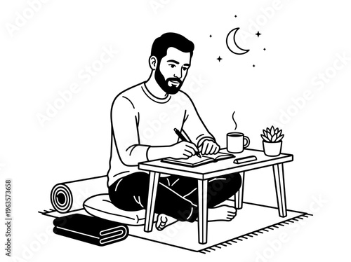 Man Journaling at Night with Cozy Desk Vector