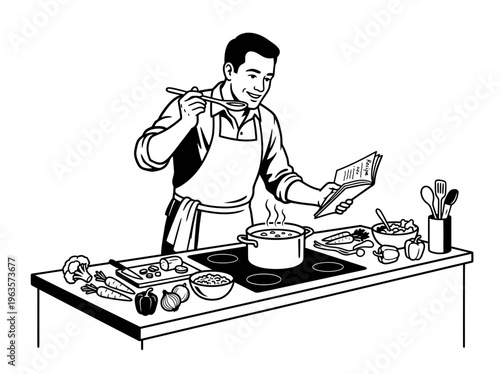 Mindful Man Cooking Healthy Meal in Modern Kitchen Vector