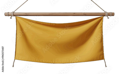 Empty yellow fabric banner hanging from wooden beam, with rope and copy space, text space, fabric texture, hanging sign, blank sign, yellow flag, graphic resource