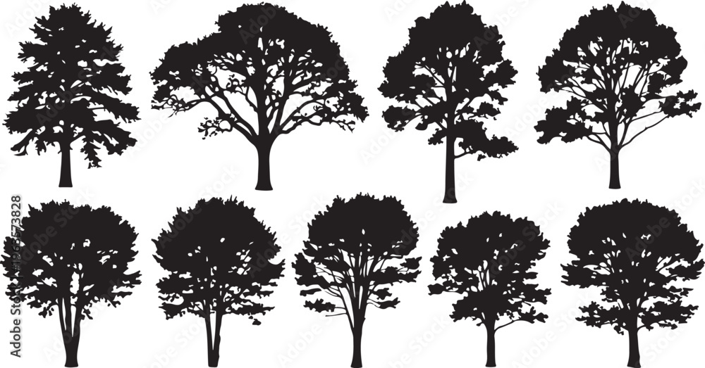 Fototapeta premium Collection of tree silhouettes in various shapes and sizes for design and icon use