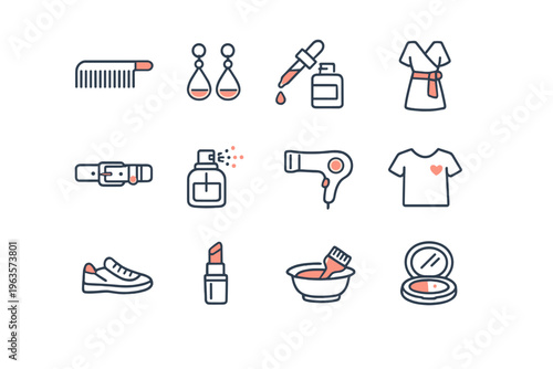 Design of grooming and beauty products with various items for personal care and fashion on a clean background