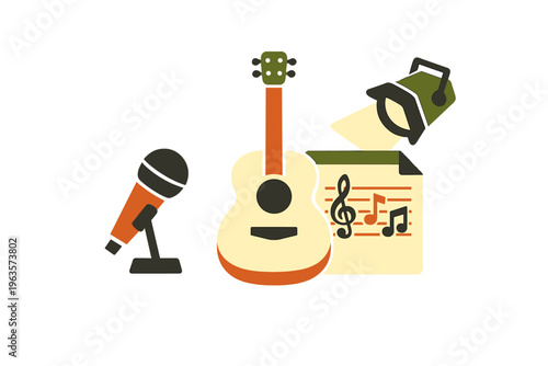 Music setup for performance with microphone, guitar, sheet music, and spotlight