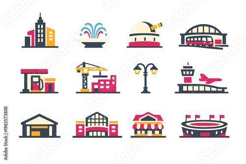 City landmarks and infrastructure icons showing various buildings and activities in an urban area at different times