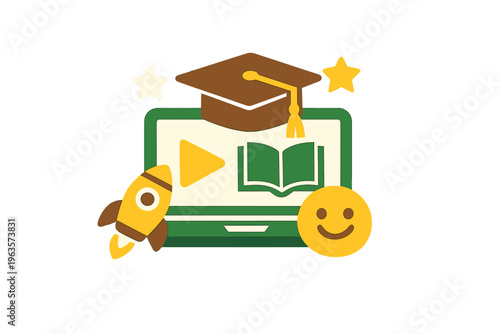 Learning online with icons representing education, happiness, and growth in a digital space