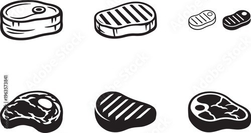 Meat icon set with beef steak, BBQ grill and raw meat symbols. Clean vector pictogram for food apps.