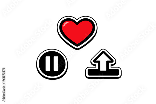 Symbols of love, pause, and upload connect to online interaction and digital communication trends observed in social media today