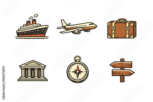 Travel symbols represent different modes of transport and destinations for travelers planning their journeys around the world