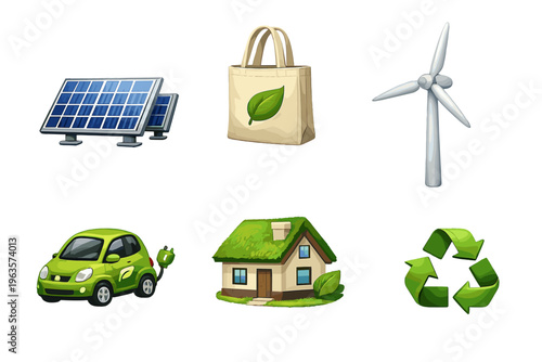 Graphic showing eco-friendly items and concepts related to sustainability and renewable energy sources