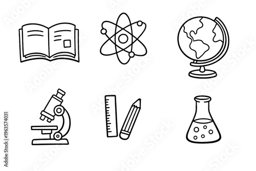 Items commonly found in a science classroom include a book, globe, microscope, and laboratory equipment for learning and exploration
