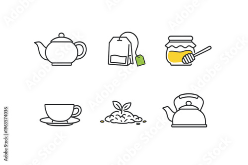 Different items used to make tea with honey and a teacup in a simple layout showing each element clearly