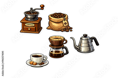Coffee preparation process with a grinder, beans, brewing equipment, and a cup in a simple setting