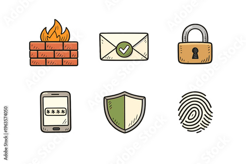 Icons representing cybersecurity concepts such as firewalls, secure messaging, and user authentication methods