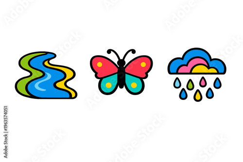 Colorful designs of a river, a butterfly, and rain with clouds that show nature and life in an artistic way