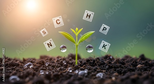 Young plant growing in soil with nutrients and sunlight
