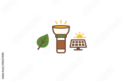 Solar flashlight and solar panel with leaf representing renewable energy and sustainability in a clear design