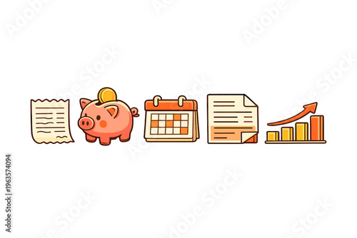Piggy bank with calendar, paper, and chart shows saving and budgeting tips for financial planning in daily life