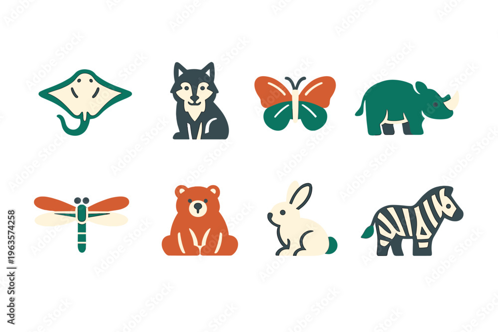 Obraz premium Cute animal icons showing a variety of wildlife including a butterfly, bear, wolf, and others created in a simple design
